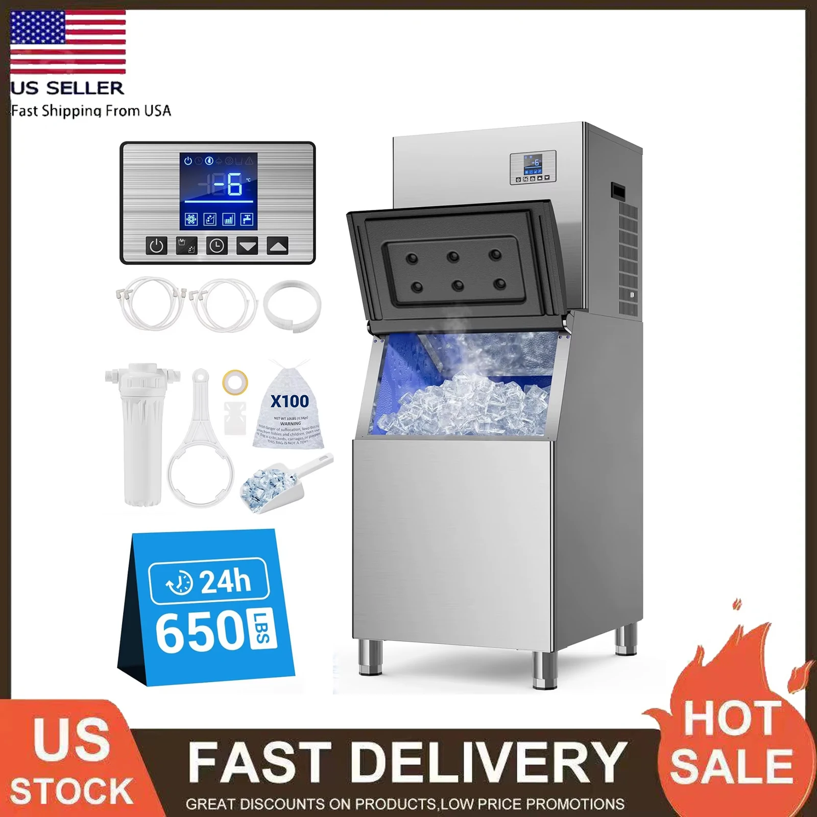Commercial Ice Maker Machine 650LBS/24H, 400LBS Storage Bin, Commercial Ice Machine with Self-Cleaning, Industrial Ice Machine
Commercial Ice Maker Machine 650LBS/24H, 400LBS Storage Bin, Commercial Ice Machine with Self-Cleaning, Industrial Ice Machine