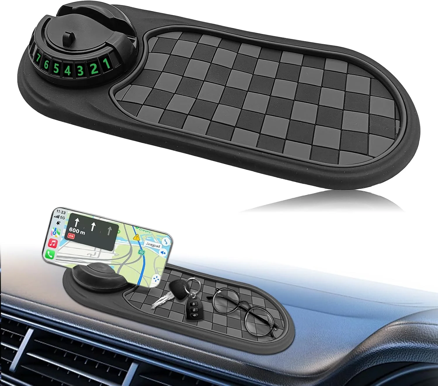 Universal Multifunction Anti-Slip Car Dashboard Mat, Rotatable Car Phone Holder Dashboard Pad with Temporary Parking Number, and
Universal Multifunction Anti-Slip Car Dashboard Mat, Rotatable Car Phone Holder Dashboard Pad with Temporary Parking Number, and