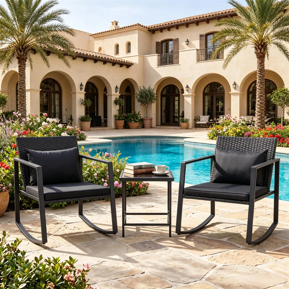3-piece outdoor wicker rocking chair, garden furniture, with washable cushion, suitable for garden, backyard patio - black
3-piece outdoor wicker rocking chair, garden furniture, with washable cushion, suitable for garden, backyard patio - black