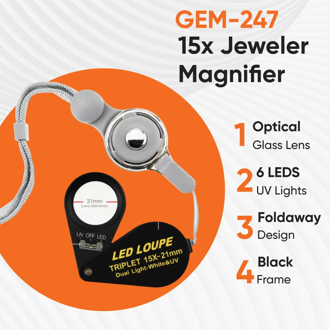 15X LED & UV Lighted Loupe Magnifier, 21mm Triplet Achromatic Lens, Foldable Metal Pocket Microscope for Coins & Jewelry
15X LED & UV Lighted Loupe Magnifier, 21mm Triplet Achromatic Lens, Foldable Metal Pocket Microscope for Coins & Jewelry