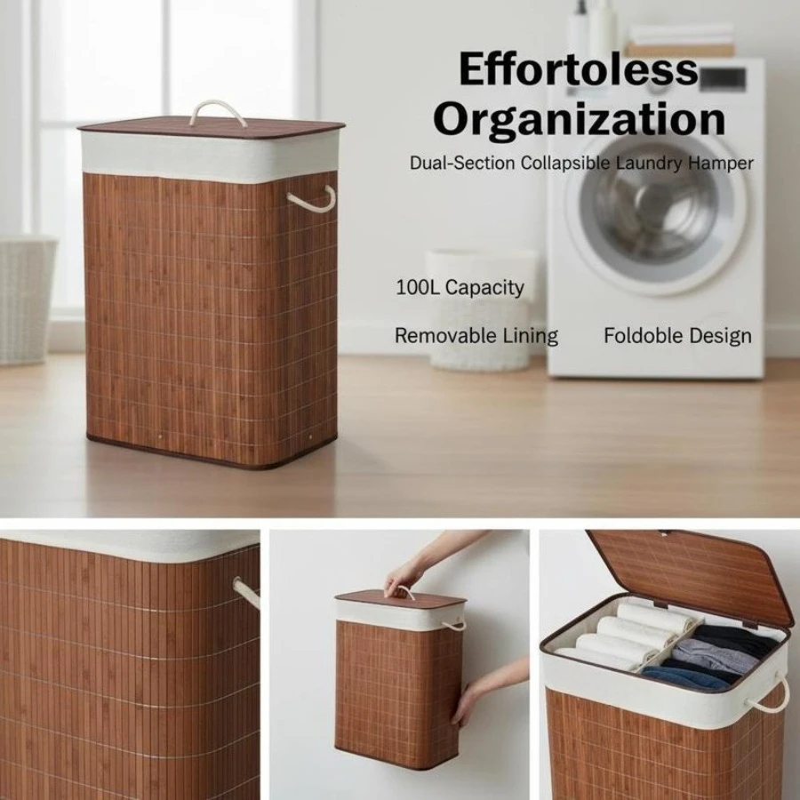 100L Laundry Basket with Lid String Handles, 2 Section Collapsible Hamper Removable Lining Foldable Water-Resistant Dirty Clothes Storage, Brown
100L Laundry Basket with Lid String Handles, 2 Section Collapsible Hamper Removable Lining Foldable Water-Resistant Dirty Clothes Storage, Brown
