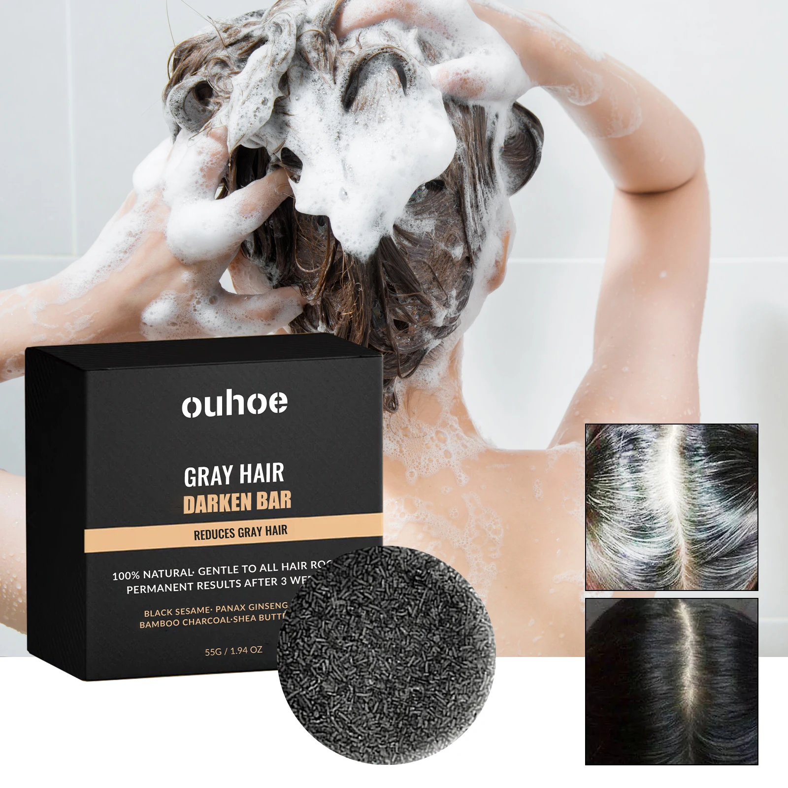 55g Ouhoe White Hair Turn Black Soap Hair Regeneration Nourish Repair Deep Clean Natural Permanent Dark Coverage Black Hair Soap
55g Ouhoe White Hair Turn Black Soap Hair Regeneration Nourish Repair Deep Clean Natural Permanent Dark Coverage Black Hair Soap