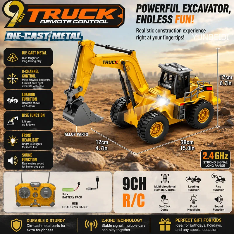 9 Channel RC Excavator Truck 2.4G Remote Control Diecast Metal Engineering Car with Light Sound Construction Toys for Kids Boys
9 Channel RC Excavator Truck 2.4G Remote Control Diecast Metal Engineering Car with Light Sound Construction Toys for Kids Boys