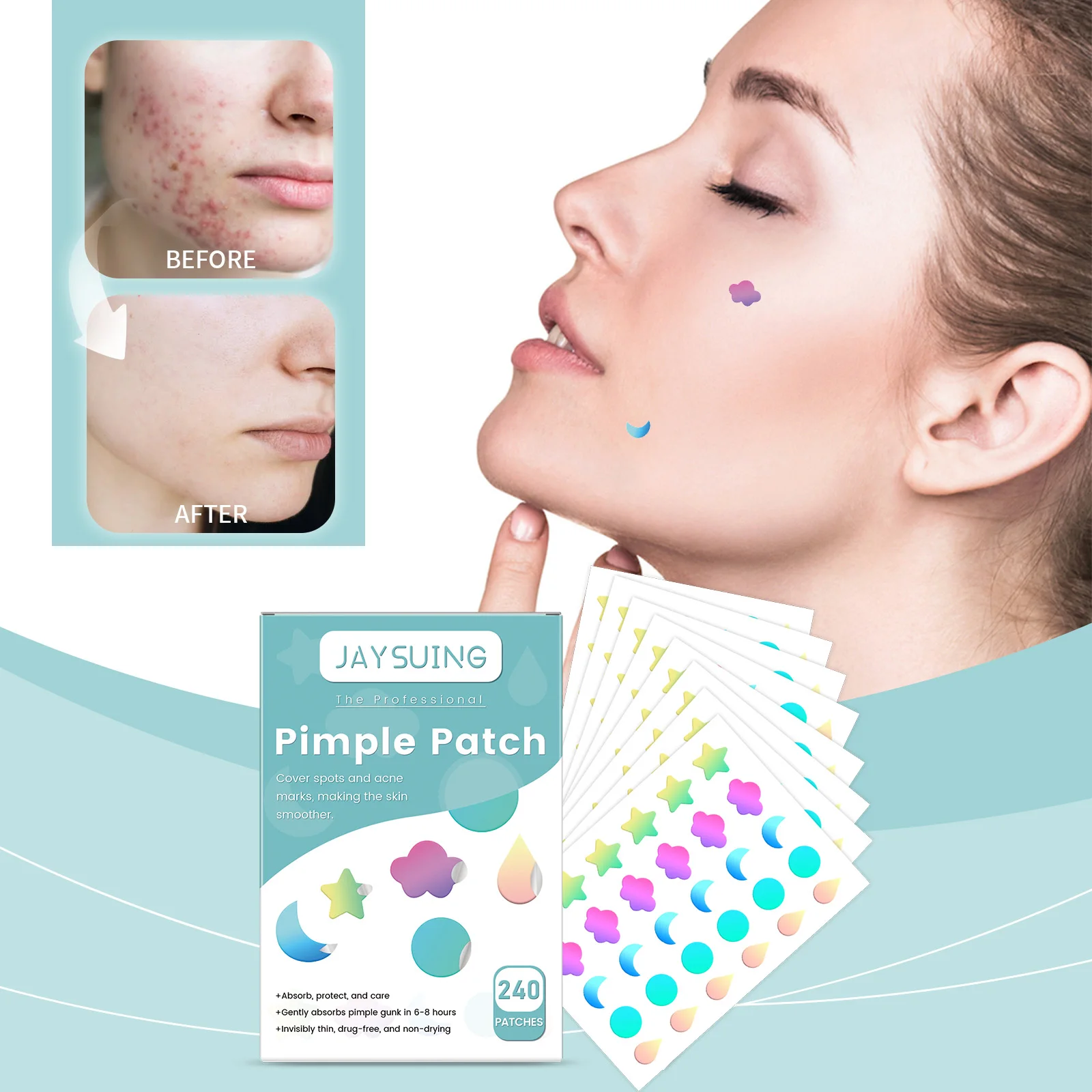 Jaysuing 240pcs Colorful Cute Repair Acne Patches Hydrocolloid Invisible Pimple Star Heart Shaped Waterproof Acne Clean Stickers
Jaysuing 240pcs Colorful Cute Repair Acne Patches Hydrocolloid Invisible Pimple Star Heart Shaped Waterproof Acne Clean Stickers