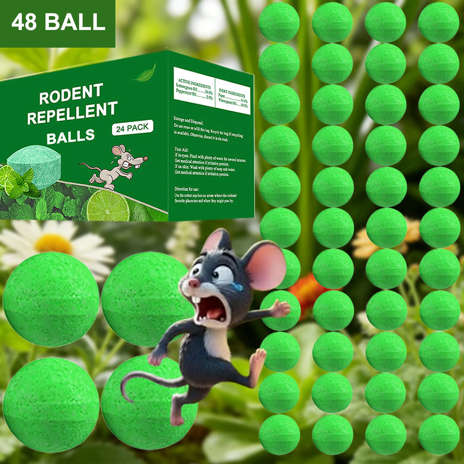 48 PCS Natural Peppermint Oil Rat Repellent Balls – Effective Mouse Repellent for Home & Garden, Repels Rats, Squirrels, Skunks, Raccoons, Spiders
48 PCS Natural Peppermint Oil Rat Repellent Balls – Effective Mouse Repellent for Home & Garden, Repels Rats, Squirrels, Skunks, Raccoons, Spiders