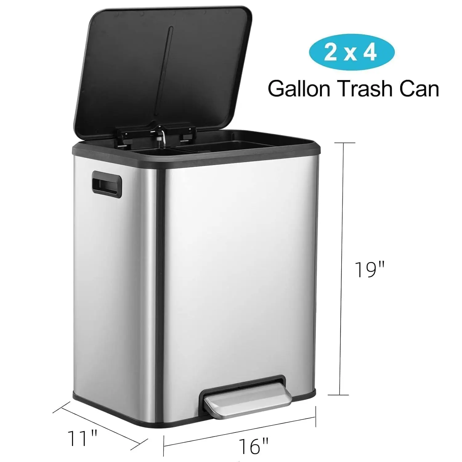 Dual Trash Can, 2 x 4 Gal (15L) Stainless Steel Recycling Bin with Soft-Close Lid, Step Pedal, Removable Inner Buckets, Kitchen Garbage Can, Silver
Dual Trash Can, 2 x 4 Gal (15L) Stainless Steel Recycling Bin with Soft-Close Lid, Step Pedal, Removable Inner Buckets, Kitchen Garbage Can, Silver