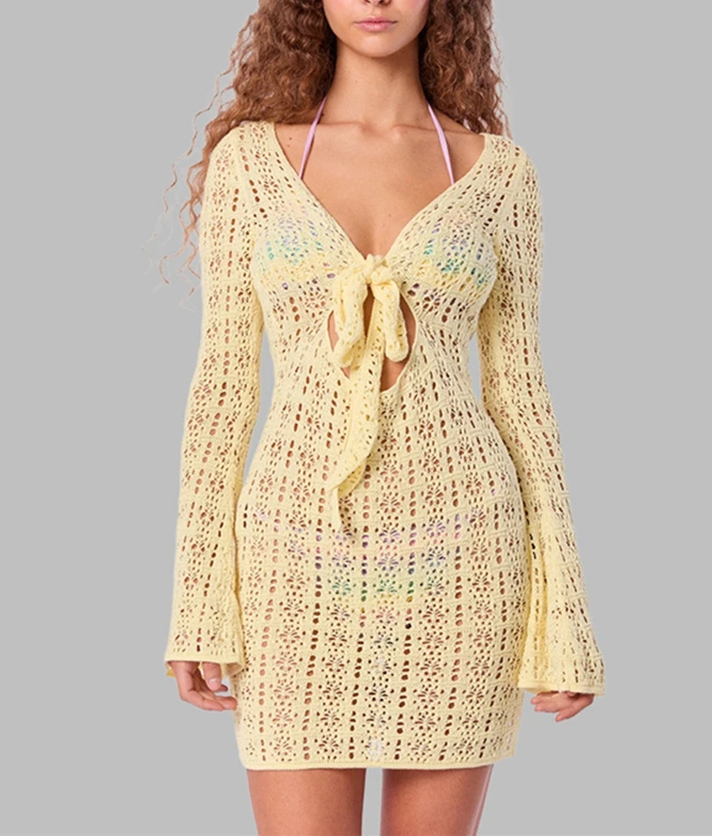 Women's Long Sleeve Deep V Neck Bow Knot Bodycon Dress Beach Bathing Suit Summer Sexy Hollow Out Crochet Bikini Cover-ups Swimwe
Women's Long Sleeve Deep V Neck Bow Knot Bodycon Dress Beach Bathing Suit Summer Sexy Hollow Out Crochet Bikini Cover-ups Swimwe