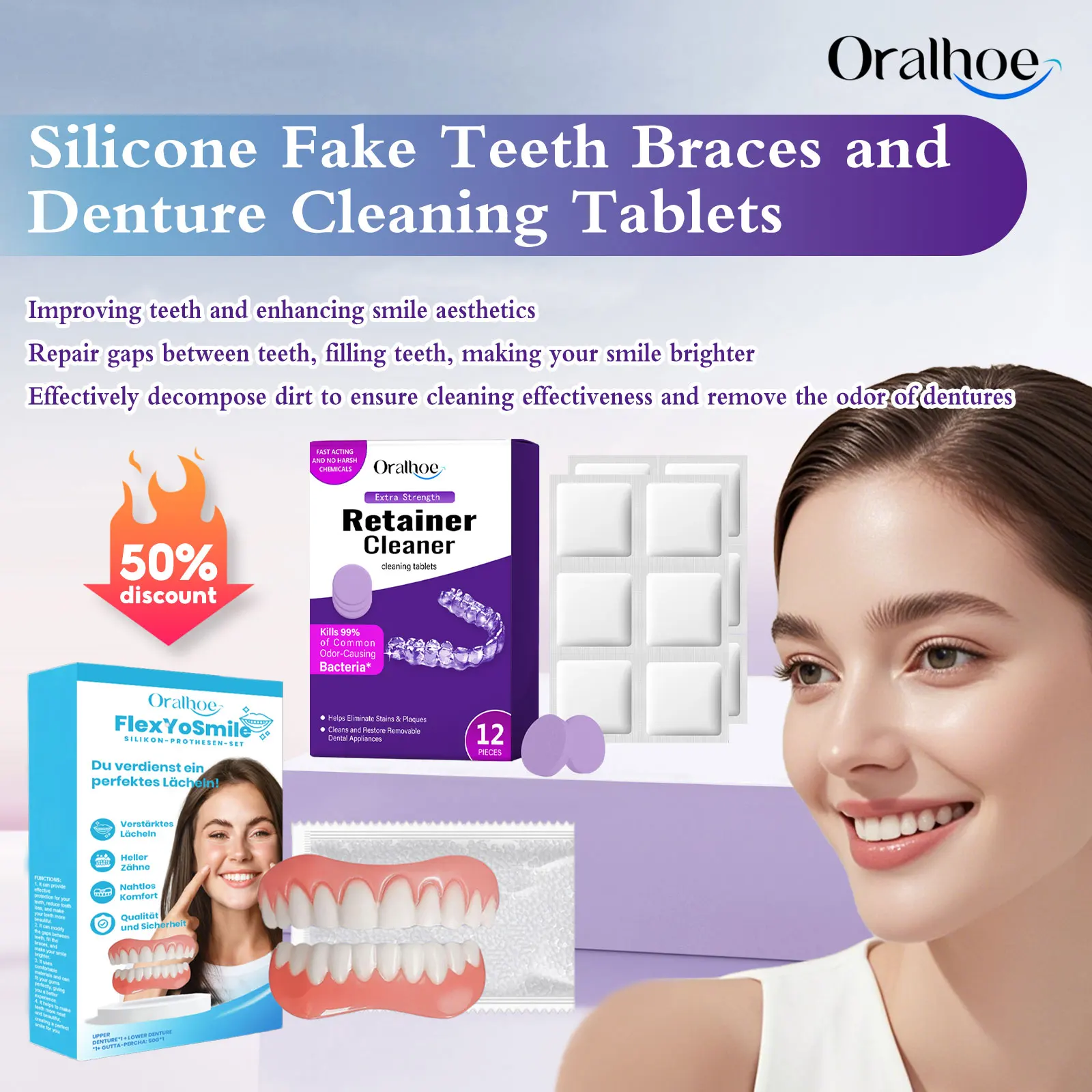 Oralhoe False Teeth Beauty Kits Teeth Retainer Clean Tablets Perfect Fit Teeth Whitening Oral Hygiene Care Fake Tooth Braces Set
Oralhoe False Teeth Beauty Kits Teeth Retainer Clean Tablets Perfect Fit Teeth Whitening Oral Hygiene Care Fake Tooth Braces Set