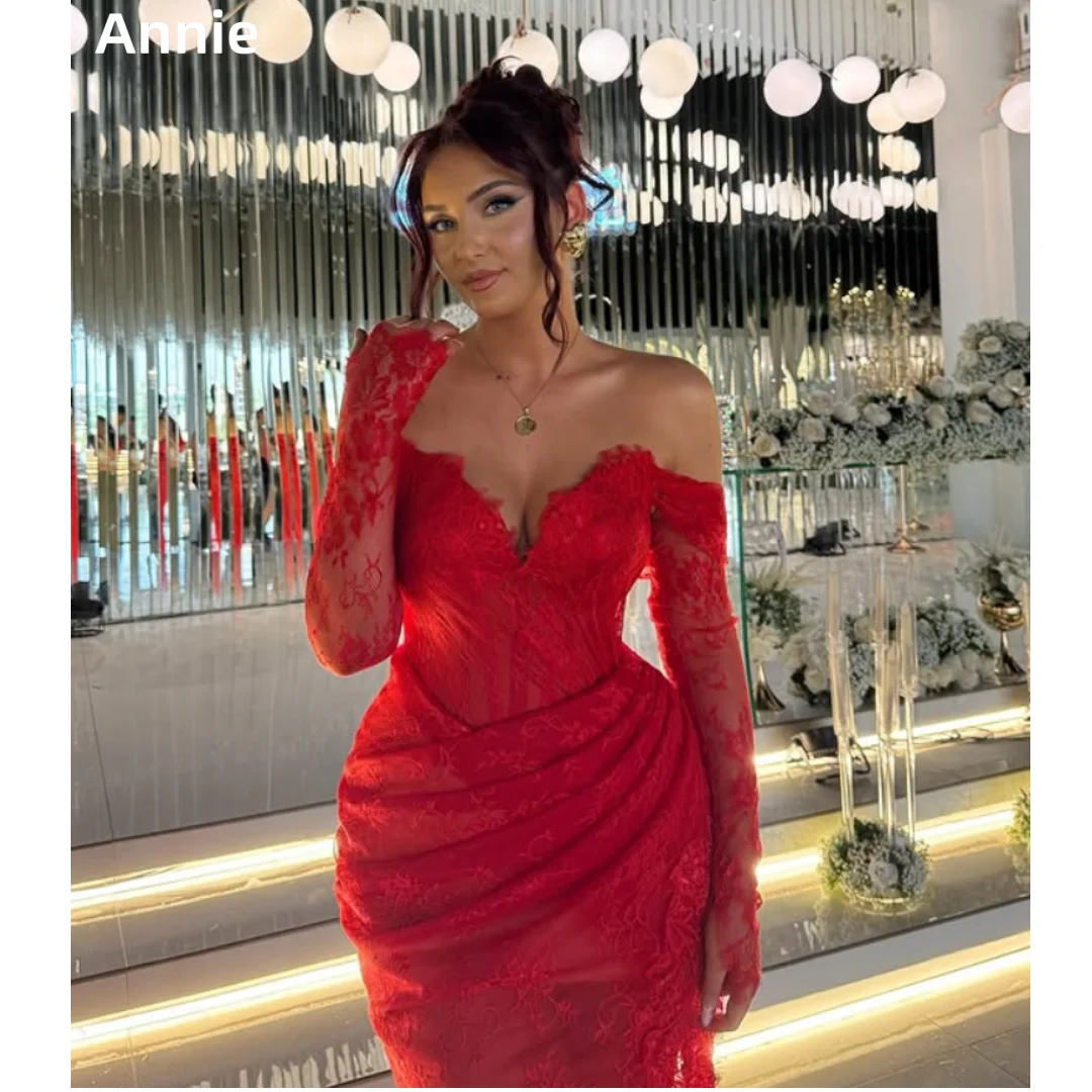Annie Red Elegance Prom Dresses Lace Tulle Long Sleeves Evening Dresses Women's Mermaid Off Shoulder فساتين سهرة
Annie Red Elegance Prom Dresses Lace Tulle Long Sleeves Evening Dresses Women's Mermaid Off Shoulder فساتين سهرة