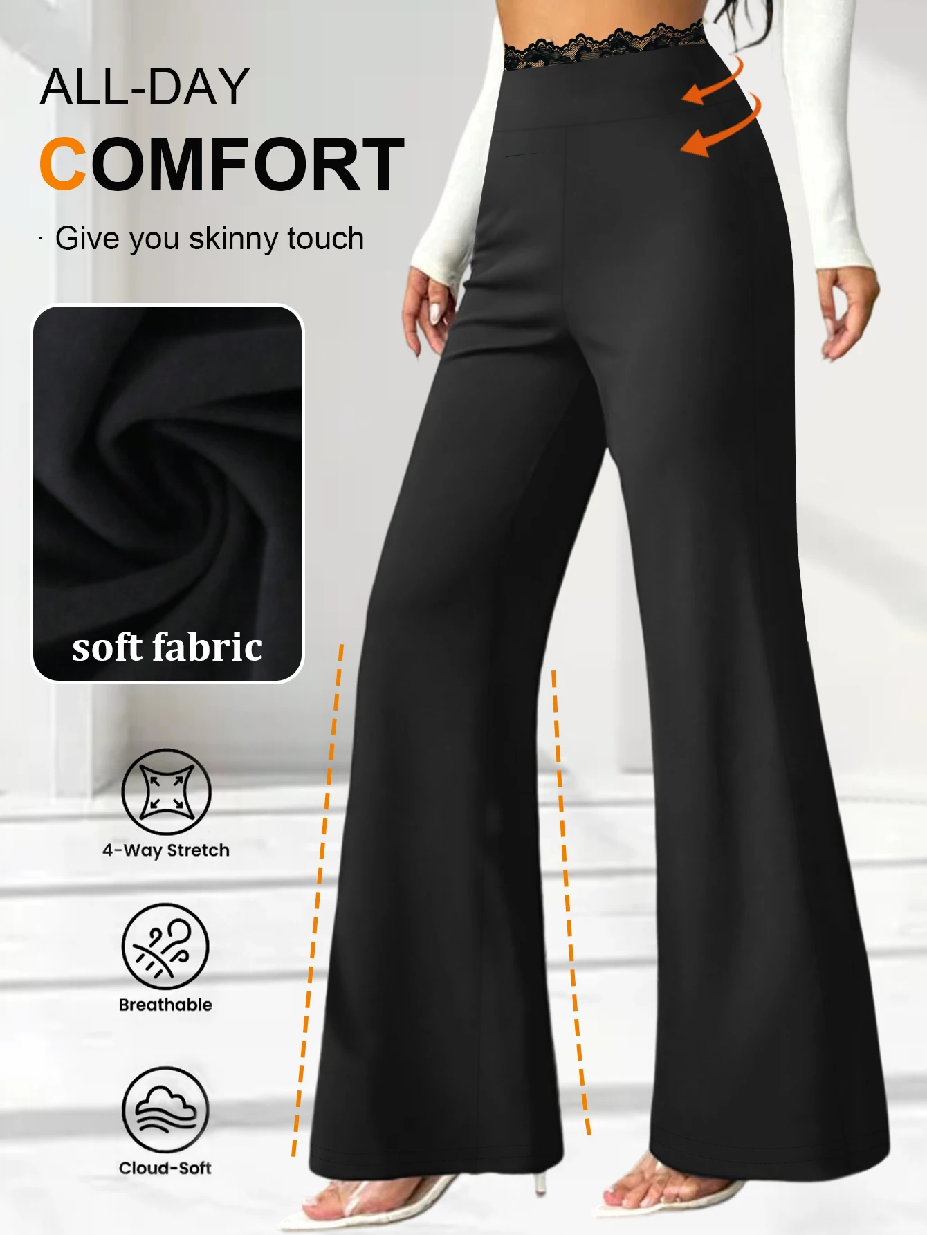 Women Lace Spliced Flare Pants Elegant Retro Slim Fit Long Pants With Sexy Black Lace Trim Comfortable And Skin Friendly Fabric
Women Lace Spliced Flare Pants Elegant Retro Slim Fit Long Pants With Sexy Black Lace Trim Comfortable And Skin Friendly Fabric
