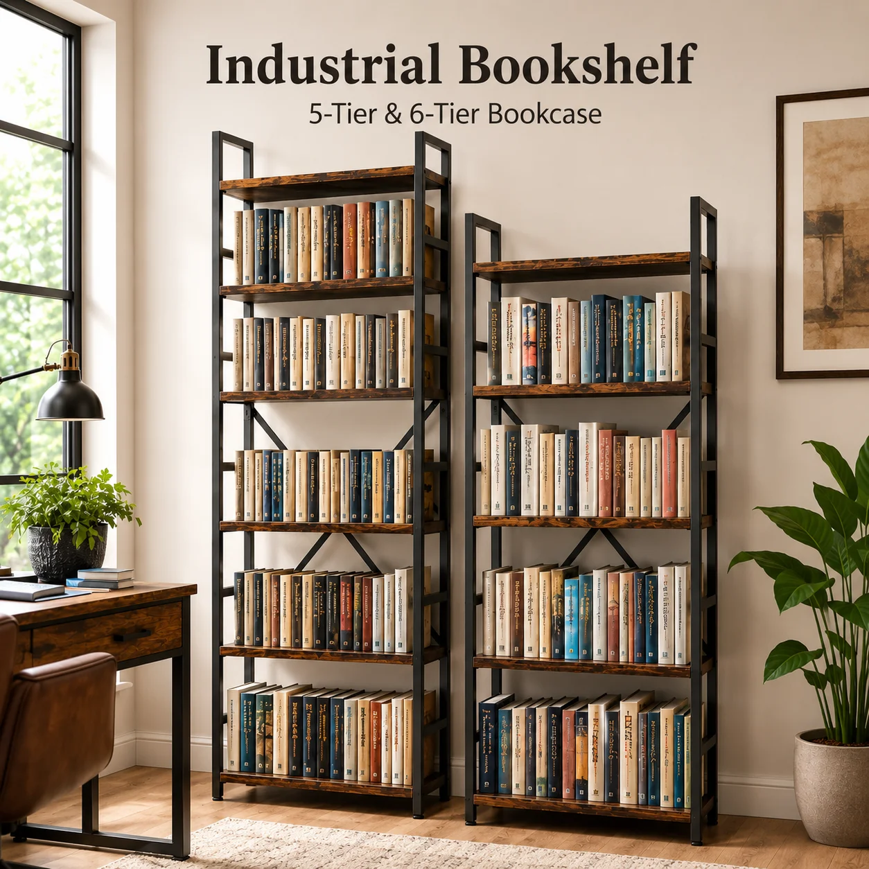 Bookshelf, Rustic Brown Engineered Wood and Black Metal Bookcase, Freestanding Storage Shelves with Cross Back for Home Office Living Room
Bookshelf, Rustic Brown Engineered Wood and Black Metal Bookcase, Freestanding Storage Shelves with Cross Back for Home Office Living Room