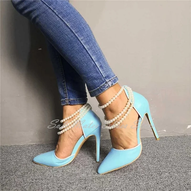 Light Blue Pointed Pearl Chain High Heel Pumps Elegant Slip On Female Wedding Shoes Banquet Ankle String Bead Luxury Dress Shoes
Light Blue Pointed Pearl Chain High Heel Pumps Elegant Slip On Female Wedding Shoes Banquet Ankle String Bead Luxury Dress Shoes