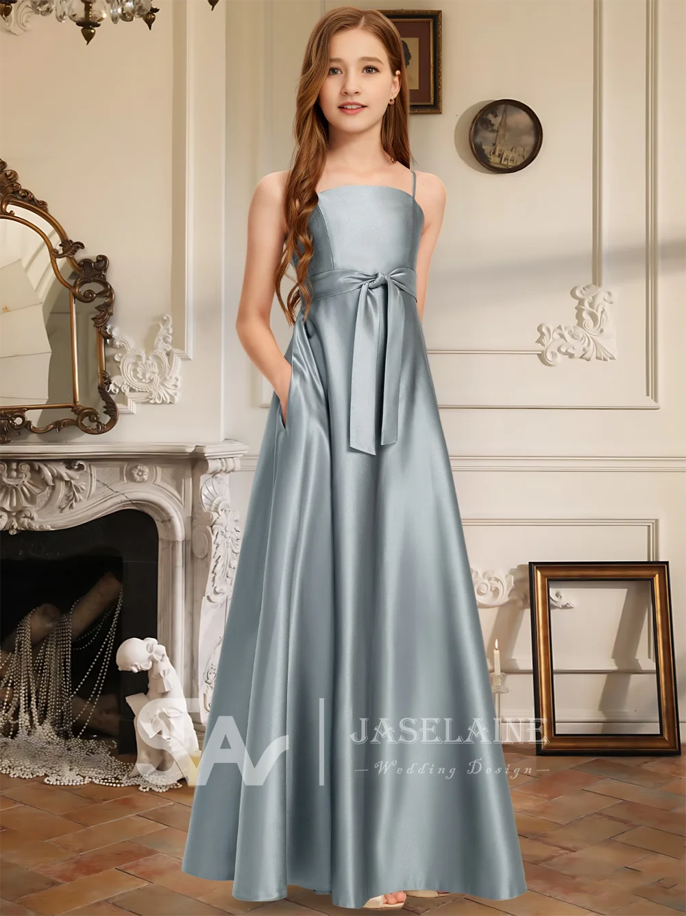 DSF A Line Square Floor Length Satin Junior Bridesmaid Dress With Bow Spaghetti Straps Pockets Flower Girl Dress Wedding Formal
DSF A Line Square Floor Length Satin Junior Bridesmaid Dress With Bow Spaghetti Straps Pockets Flower Girl Dress Wedding Formal