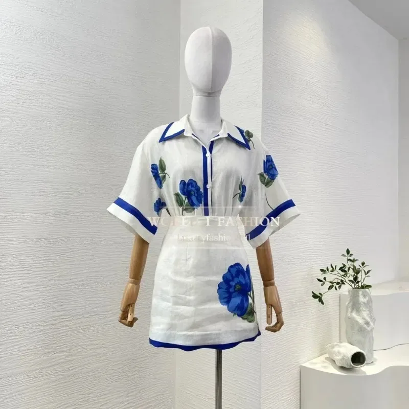 Half Sleeve 2025 New Blue Flowers Print Loose Shirt Blouse Tops and High Waist Mini Skirt Sets Linen High Quality for Holiday
Half Sleeve 2025 New Blue Flowers Print Loose Shirt Blouse Tops and High Waist Mini Skirt Sets Linen High Quality for Holiday