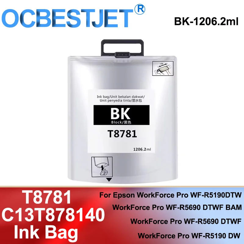 T8381 T8781 Compatible Color Ink Bag Cartridge for Epson Workforce Pro WF-R5190 WF-R5690 Printer
T8381 T8781 Compatible Color Ink Bag Cartridge for Epson Workforce Pro WF-R5190 WF-R5690 Printer