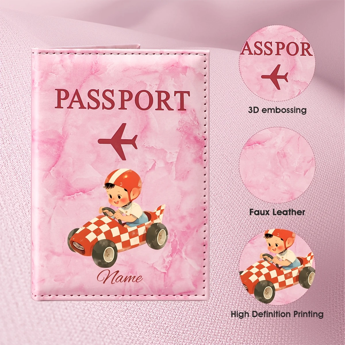 Custom Cartoon Race Car Driver Pattern Passport Holder, Featuring a Red and White Checkered Race Car and Helmet Element Print.
Custom Cartoon Race Car Driver Pattern Passport Holder, Featuring a Red and White Checkered Race Car and Helmet Element Print.