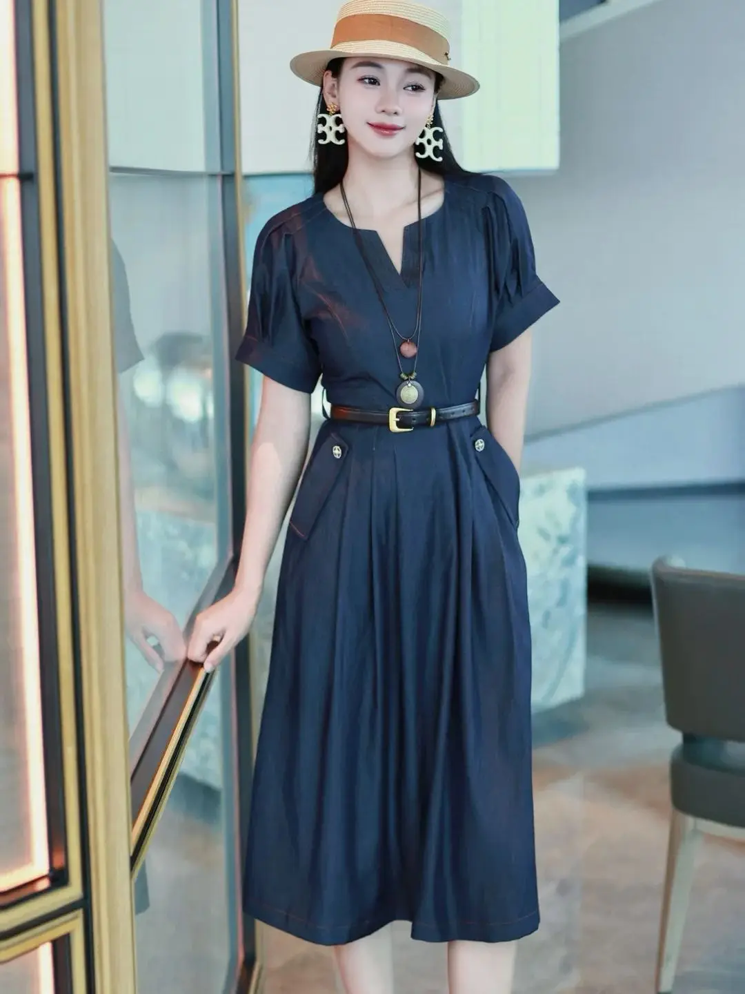 Summer casual solid color lyocell belted dress 
Summer casual solid color lyocell belted dress