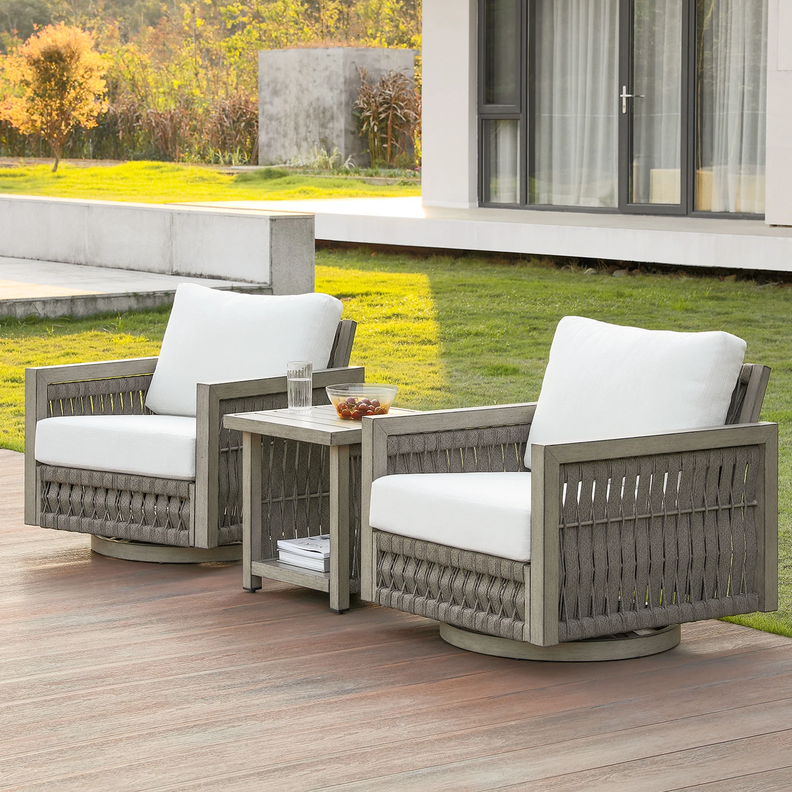 SeeHill 3-Piece Swivel Bistro Set, Aluminum Rope Weave Patio Chairs with Cushions and Table, Outdoor Furniture, Gray Oak
SeeHill 3-Piece Swivel Bistro Set, Aluminum Rope Weave Patio Chairs with Cushions and Table, Outdoor Furniture, Gray Oak