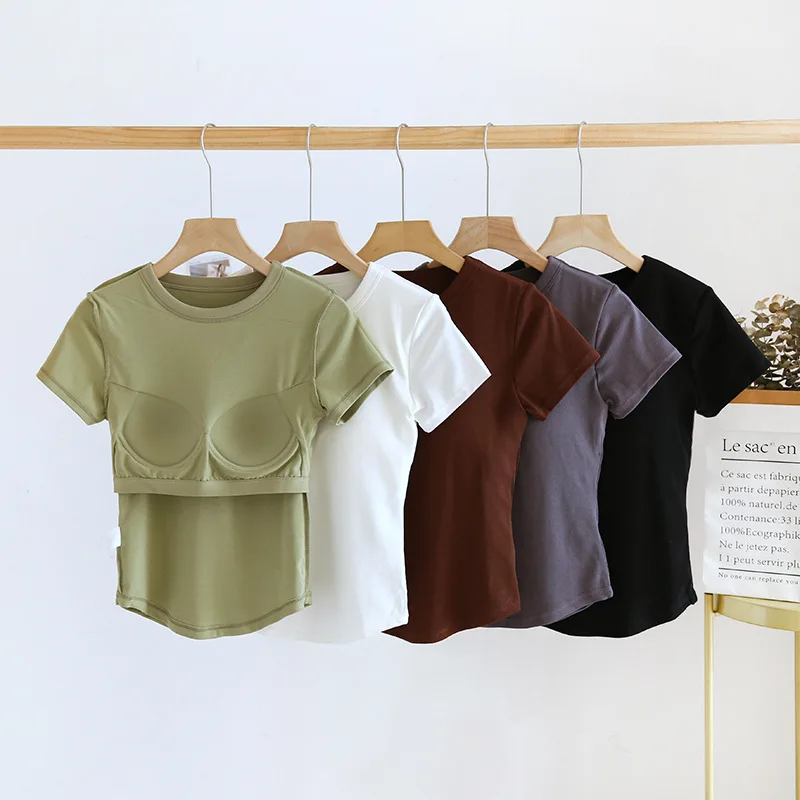 Women's T-Shirts Solid Color with Padded Bust Short Sleeve Base Layer Tops Casual Slim Round Neck Female Blouse Outwear C5714
Women's T-Shirts Solid Color with Padded Bust Short Sleeve Base Layer Tops Casual Slim Round Neck Female Blouse Outwear C5714