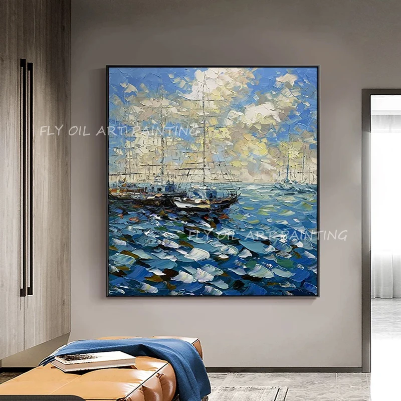 100% Handmade ocean blue navy thick knife wave with sailboat and white cloud Oil Painting on Canvas Wall Art as a gift unframe
100% Handmade ocean blue navy thick knife wave with sailboat and white cloud Oil Painting on Canvas Wall Art as a gift unframe