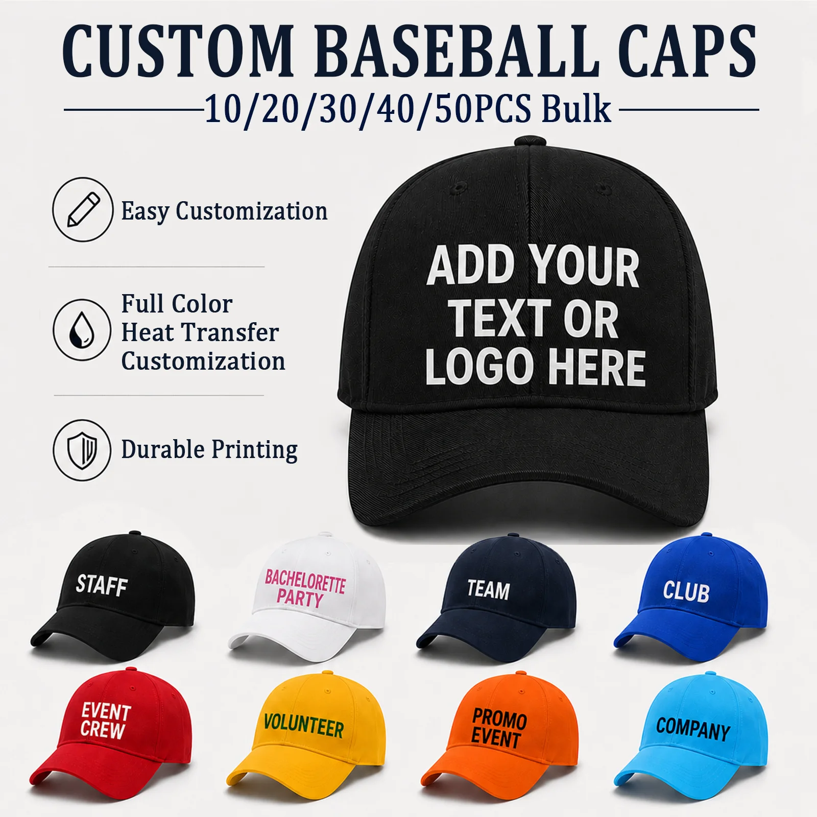10-50Pcs Bulk Custom Baseball Caps Personalized Logo Trucker Hats Adjustable Hats for Team Event Group Meetup Fans Party Favors
10-50Pcs Bulk Custom Baseball Caps Personalized Logo Trucker Hats Adjustable Hats for Team Event Group Meetup Fans Party Favors