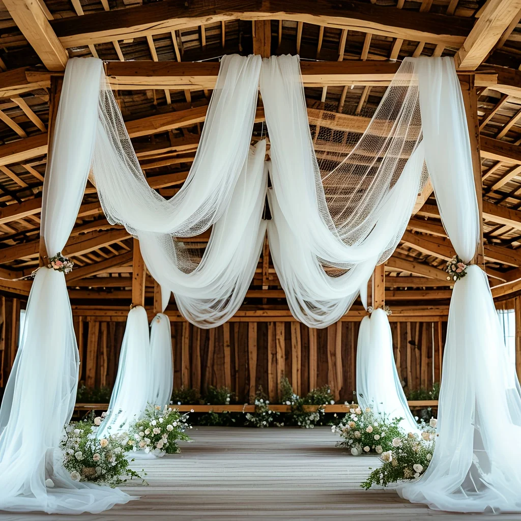 An elegant white wedding tulle dress – made of sheer beige fabric, perfect for hanging romantic wedding decorations.
An elegant white wedding tulle dress – made of sheer beige fabric, perfect for hanging romantic wedding decorations.