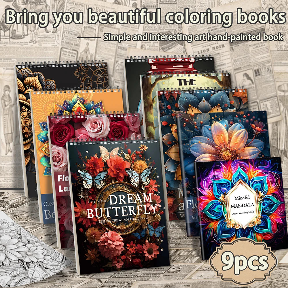 9pcs coloring book set, with fantasy butterflies and Mandela as the theme, one-sided coloring, stress relief and relaxation.
9pcs coloring book set, with fantasy butterflies and Mandela as the theme, one-sided coloring, stress relief and relaxation.