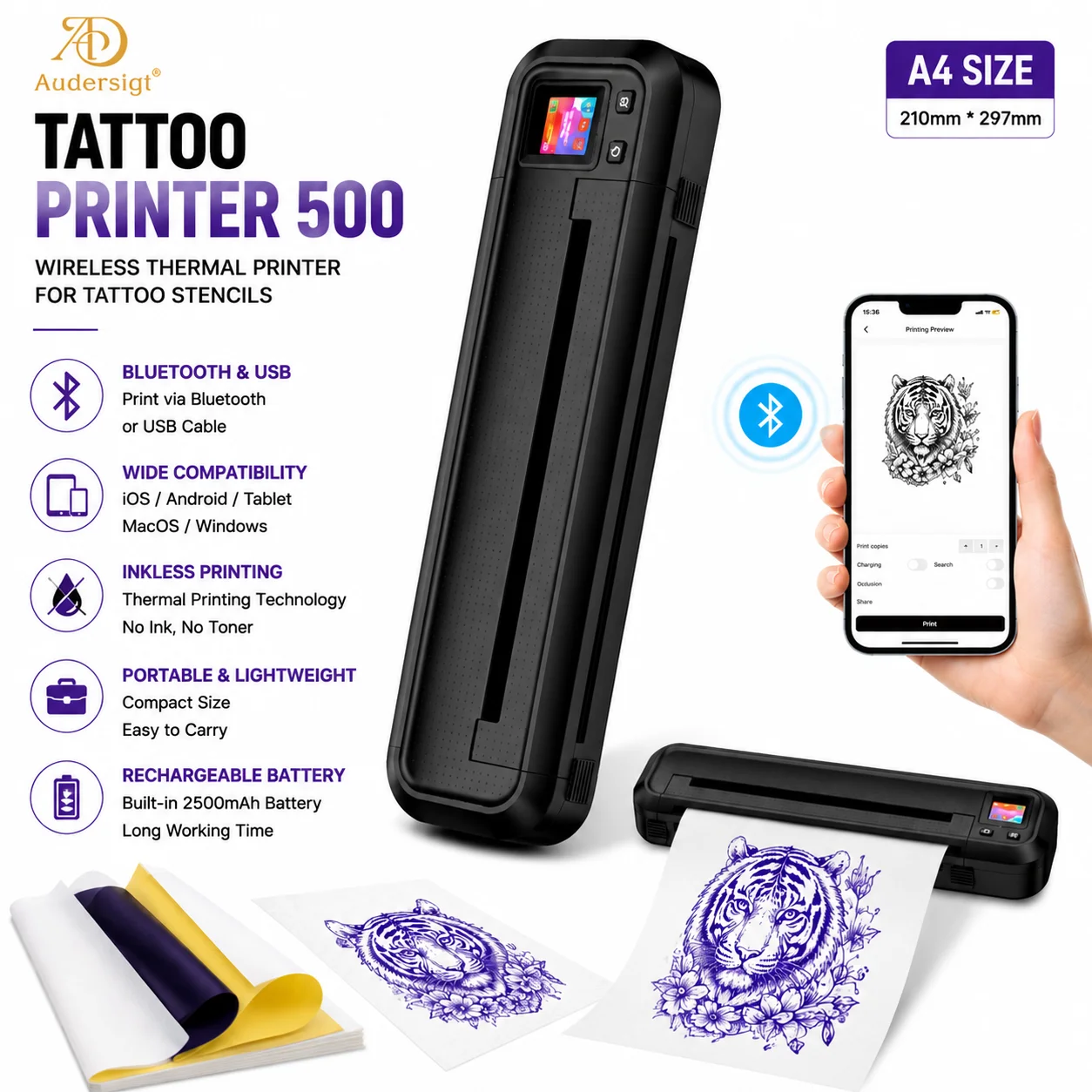 MHT-500 Upgraded Tattoo Stencil Printer with LCD Screen Wireless Tattoo Transfer Thermal Printer Compatible Smartphone & PC
MHT-500 Upgraded Tattoo Stencil Printer with LCD Screen Wireless Tattoo Transfer Thermal Printer Compatible Smartphone & PC