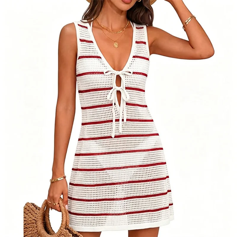Women's Sexy Sleeveless Deep V Neck Lace Up Hollow Out Striped Knit Dress Beach Summer Sheer Crochet Bikini Cover up Swimwear
Women's Sexy Sleeveless Deep V Neck Lace Up Hollow Out Striped Knit Dress Beach Summer Sheer Crochet Bikini Cover up Swimwear