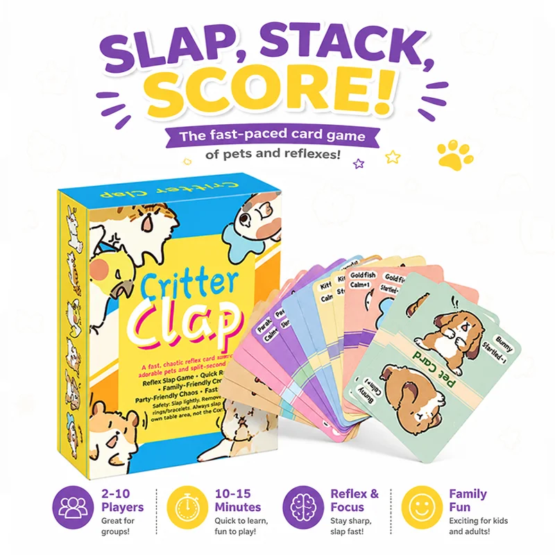 Critter Clap Pet Matching Card Game for 2-10 Players, Fast Reflex Slap Party Game with Event Cards, Family Game Night, Ages 14+
Critter Clap Pet Matching Card Game for 2-10 Players, Fast Reflex Slap Party Game with Event Cards, Family Game Night, Ages 14+