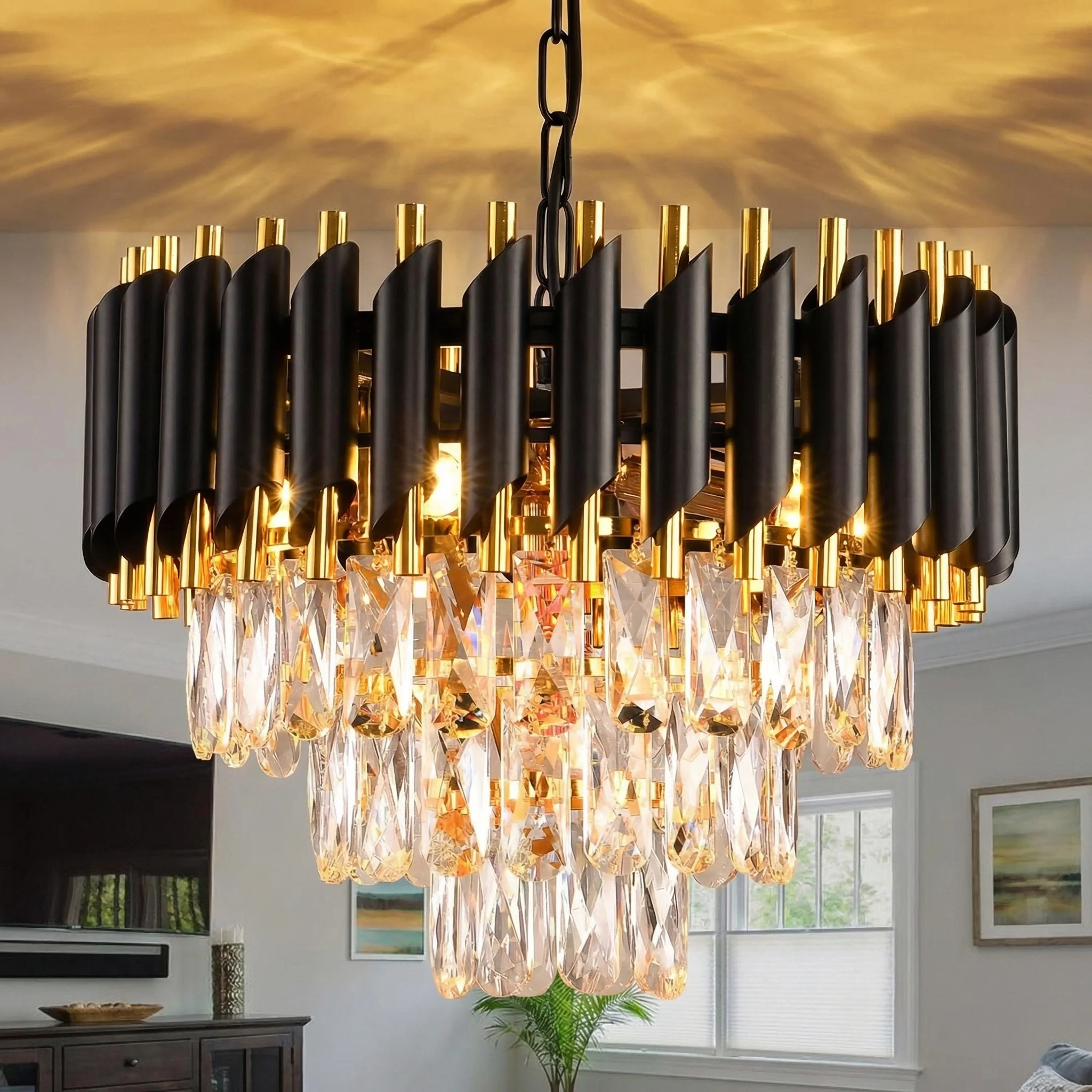 Modern Black & Gold Crystal Chandelier, Dimmable 3-Tier Raindrop Effect Crystal Chandelier, for Living Room/Dining Room/Bedroom
Modern Black & Gold Crystal Chandelier, Dimmable 3-Tier Raindrop Effect Crystal Chandelier, for Living Room/Dining Room/Bedroom