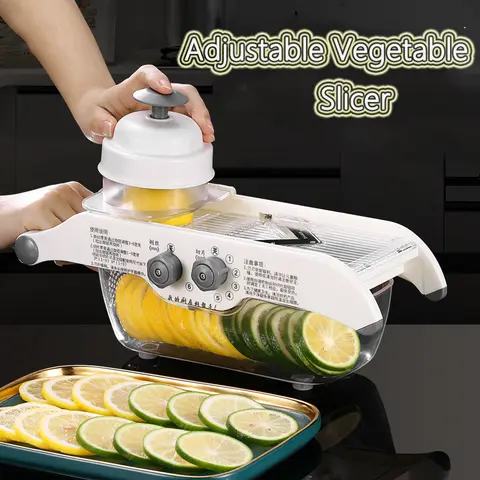 Adjustable Vegetable Chopper with Basket Multifunctional Manual Lemon Fruit Potato Carrot Slicer Kitchen Cutting Accessories