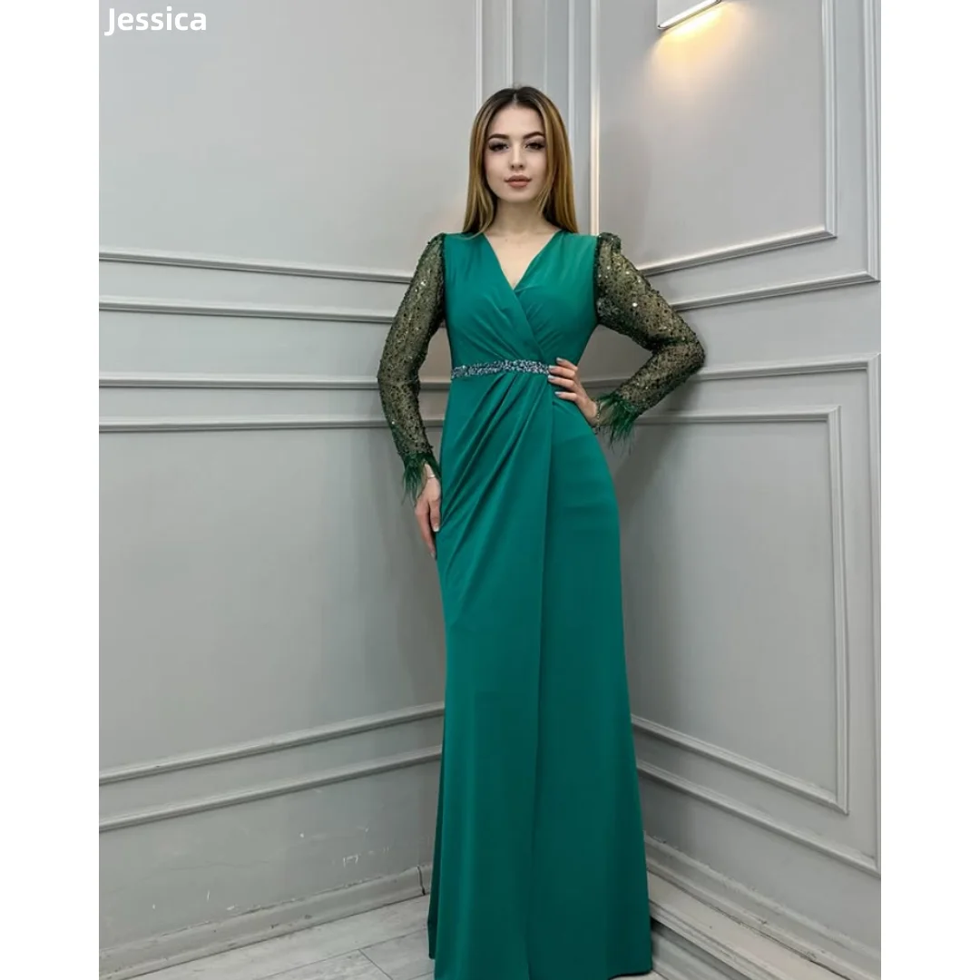 Jessica Lace Sequined Long Sleeves Evening Dresses V-neck Green Feathers Prom Dresses Lady Wedding Party Dresses Customized
Jessica Lace Sequined Long Sleeves Evening Dresses V-neck Green Feathers Prom Dresses Lady Wedding Party Dresses Customized