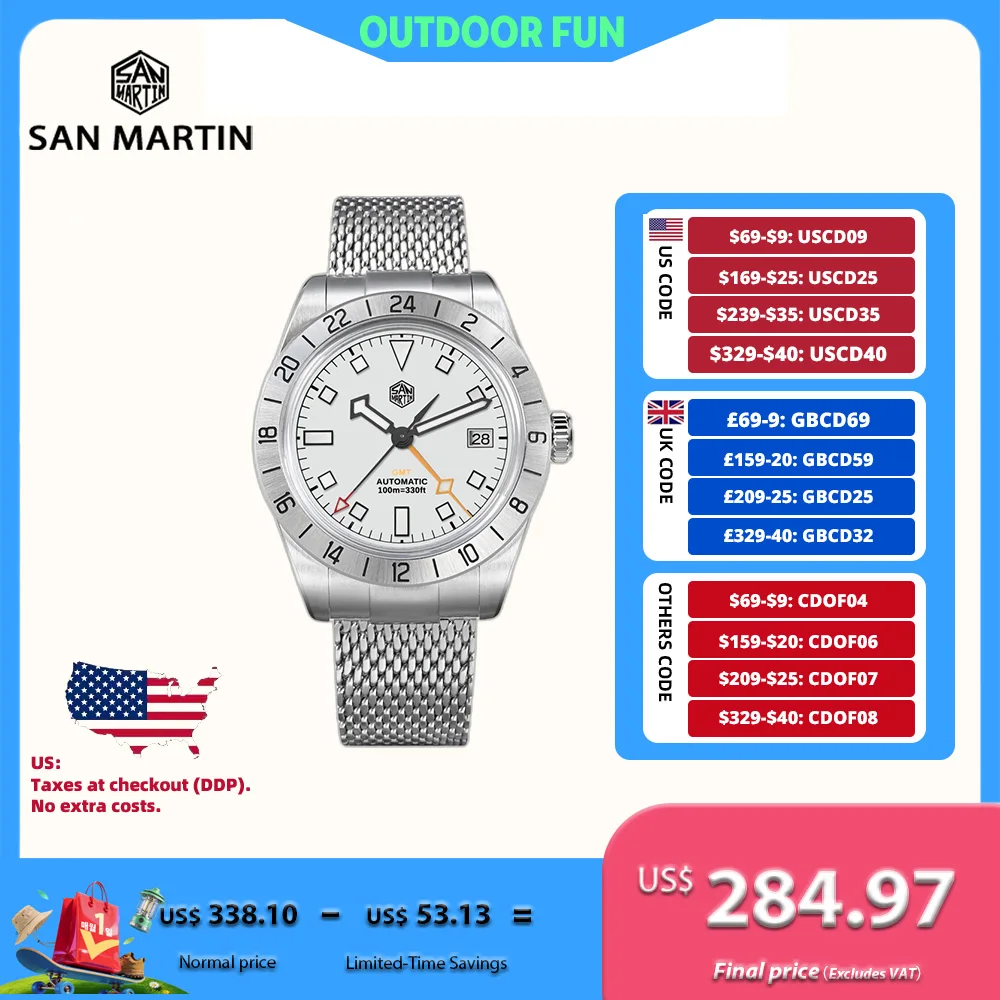 San Martin 39 мм NH34 GMT Автоматические часы Роскошные наручные часы Сетчатый браслет Быстросъемная застежка 100 м Водонепроницаемый сапфир SN0135
San Martin 39 мм NH34 GMT Автоматические часы Роскошные наручные часы Сетчатый браслет Быстросъемная застежка 100 м Водонепроницаемый сапфир SN0135