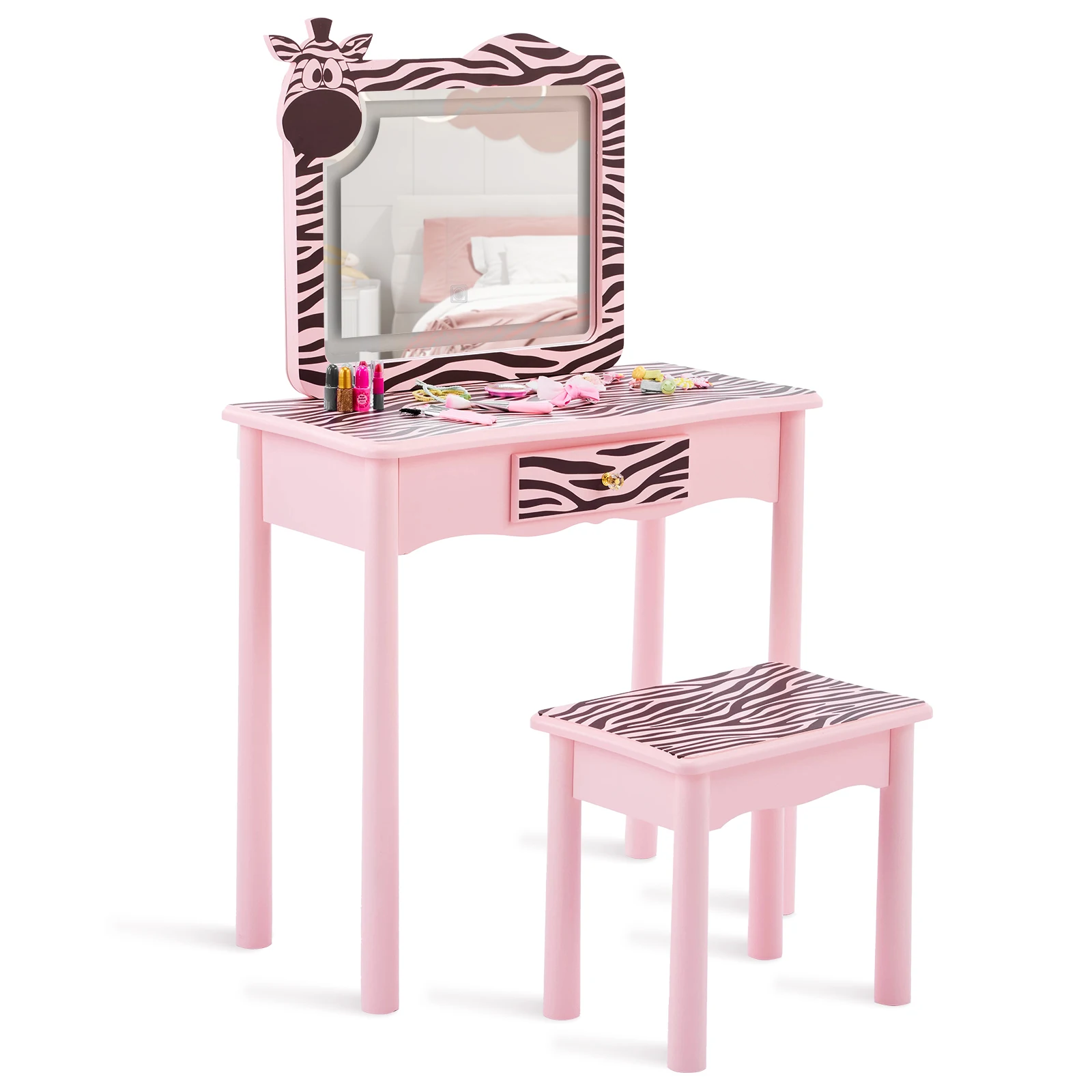 Macaron pink, MDF + solid wood legs, spray paint + silkscreen printing, zebra pattern, 1-drawer children's dressing table set, L
Macaron pink, MDF + solid wood legs, spray paint + silkscreen printing, zebra pattern, 1-drawer children's dressing table set, L