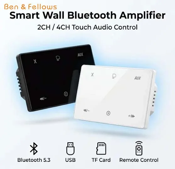 Bluetooth Wall Amplifier Smart Touch Control Panel 2 Channel 4 Channel Home Audio System USB TF AUX Remote Control
Bluetooth Wall Amplifier Smart Touch Control Panel 2 Channel 4 Channel Home Audio System USB TF AUX Remote Control