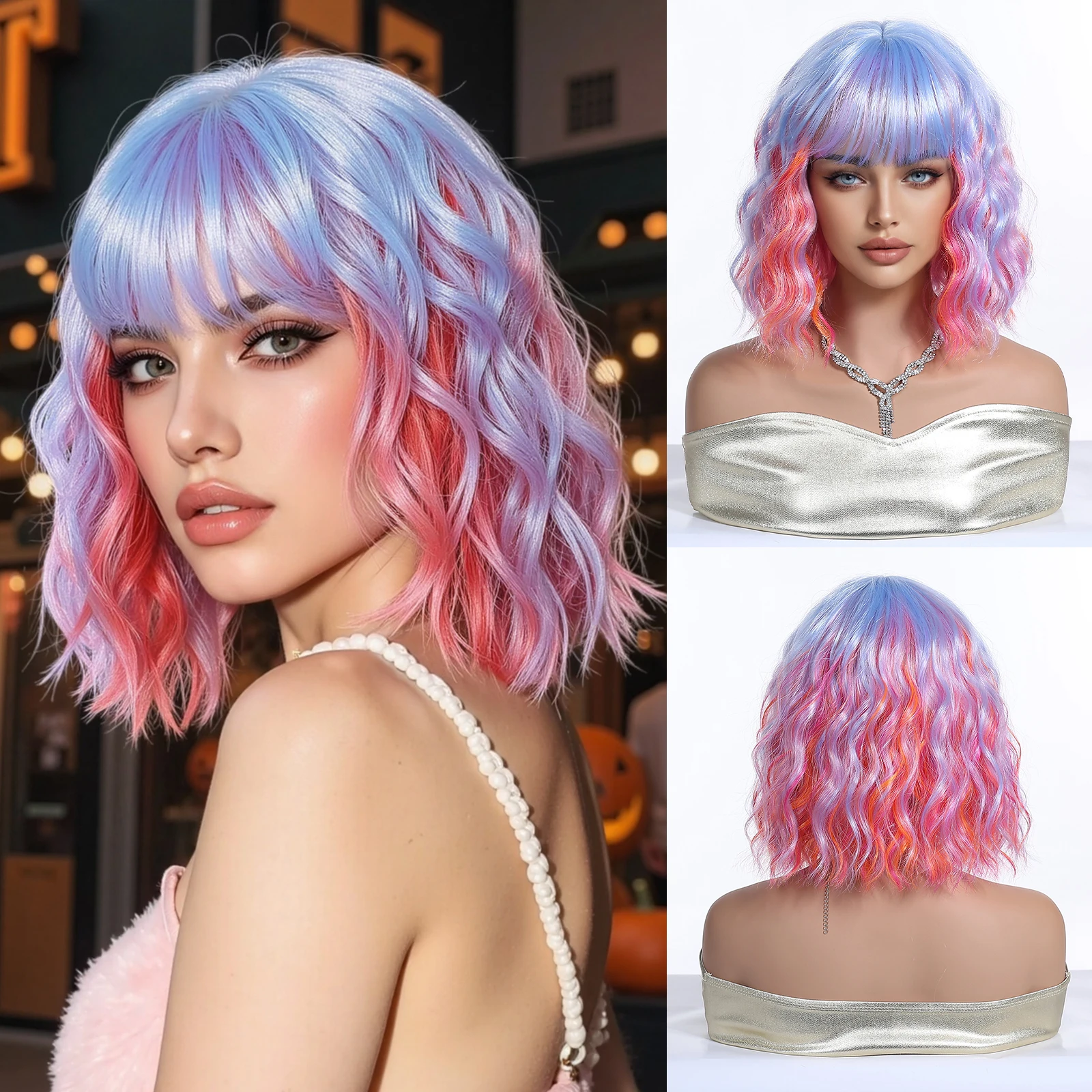 LOUIS FERRE Blue Mixed Pink Cosplay Halloween Wigs With Bangs For Women Short Wavy Party Wigs Heat Resistant Synthetic Hair Wigs
LOUIS FERRE Blue Mixed Pink Cosplay Halloween Wigs With Bangs For Women Short Wavy Party Wigs Heat Resistant Synthetic Hair Wigs