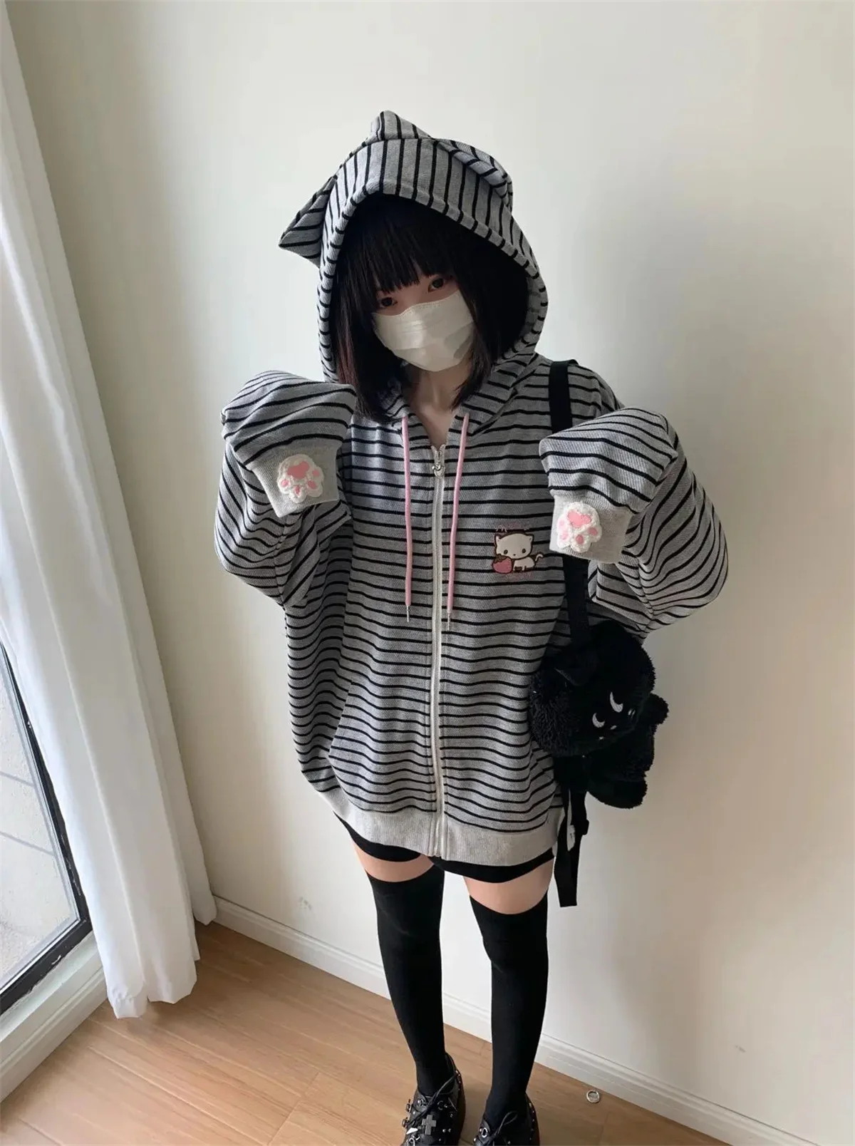 Strawberry Cat Embroidered Striped Hoodies Women Top Japanese Subculture Cute Cat Ear Black Grey Loose Harajuku Coat for Women
Strawberry Cat Embroidered Striped Hoodies Women Top Japanese Subculture Cute Cat Ear Black Grey Loose Harajuku Coat for Women