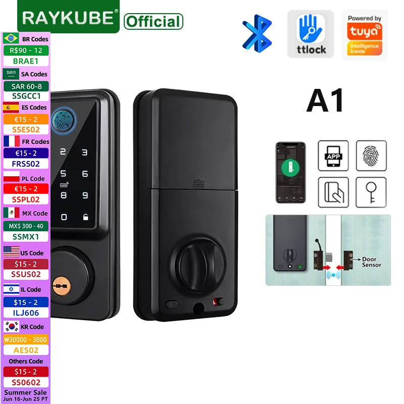 RAYKUBE A1 TT Lock/ Tuya WiFi Auto Fingerprint Deadbolt Smart Door Lock Digital Lock With Door Sensor Password/IC Card/APP/Key
RAYKUBE A1 TT Lock/ Tuya WiFi Auto Fingerprint Deadbolt Smart Door Lock Digital Lock With Door Sensor Password/IC Card/APP/Key