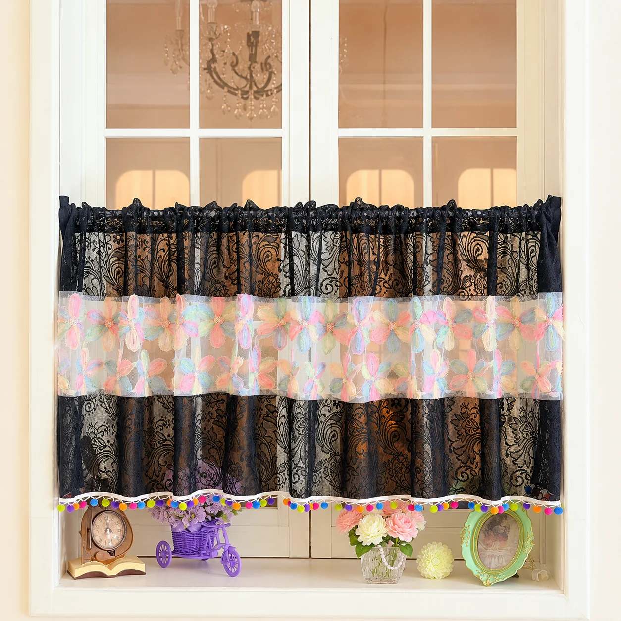 Black Lace Sheer Valance Curtain with Colorful Butterfly Embroidery, Pom Pom Trim Kitchen Cafe Window Drape
Black Lace Sheer Valance Curtain with Colorful Butterfly Embroidery, Pom Pom Trim Kitchen Cafe Window Drape