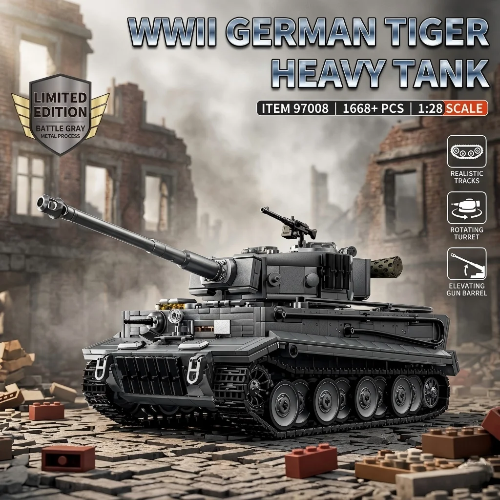 MOC WW2 German Tiger 1 Heavy Tank Military Building Blocks 1668pcs DIY Battleship Grey Armor Model Bricks Kit Toys for Boys Gift
MOC WW2 German Tiger 1 Heavy Tank Military Building Blocks 1668pcs DIY Battleship Grey Armor Model Bricks Kit Toys for Boys Gift