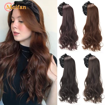 MEIFAN 여성용 긴 웨이브 곱슬 U자형 헤어밴드, 합성 천연 가짜 헤어피스, 블랙 다크 브라운 푹신한 하프 가발 익스텐션