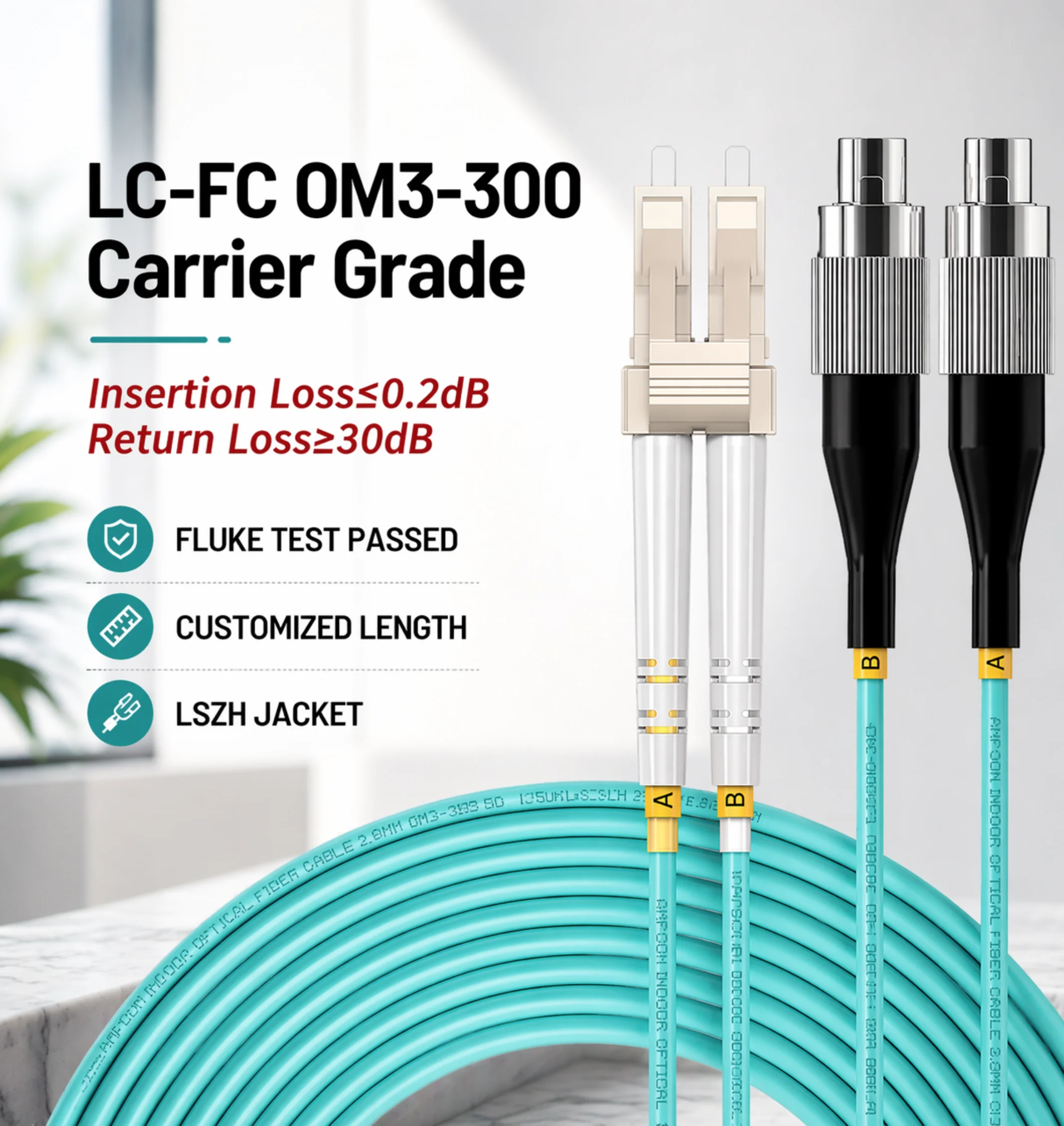LC-FC UPC OM3 Duplex Fiber Optic Cable, Multi-Mode 50/125μm, 2.0mm LSZH 1-20m, High-Speed Data Transmission
LC-FC UPC OM3 Duplex Fiber Optic Cable, Multi-Mode 50/125μm, 2.0mm LSZH 1-20m, High-Speed Data Transmission