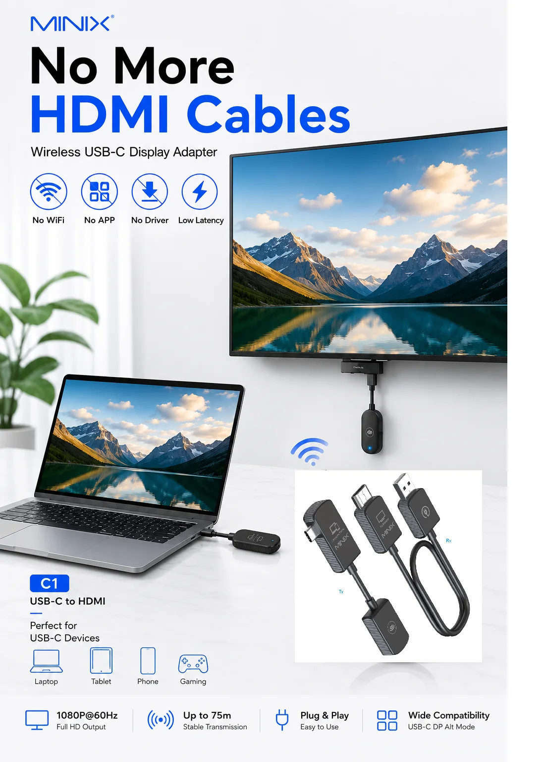 MINIX C1 Wireless USB-C to HDMI Display Adapter 1080P 60Hz Screen Mirroring & Extended Display Plug and Play
MINIX C1 Wireless USB-C to HDMI Display Adapter 1080P 60Hz Screen Mirroring & Extended Display Plug and Play