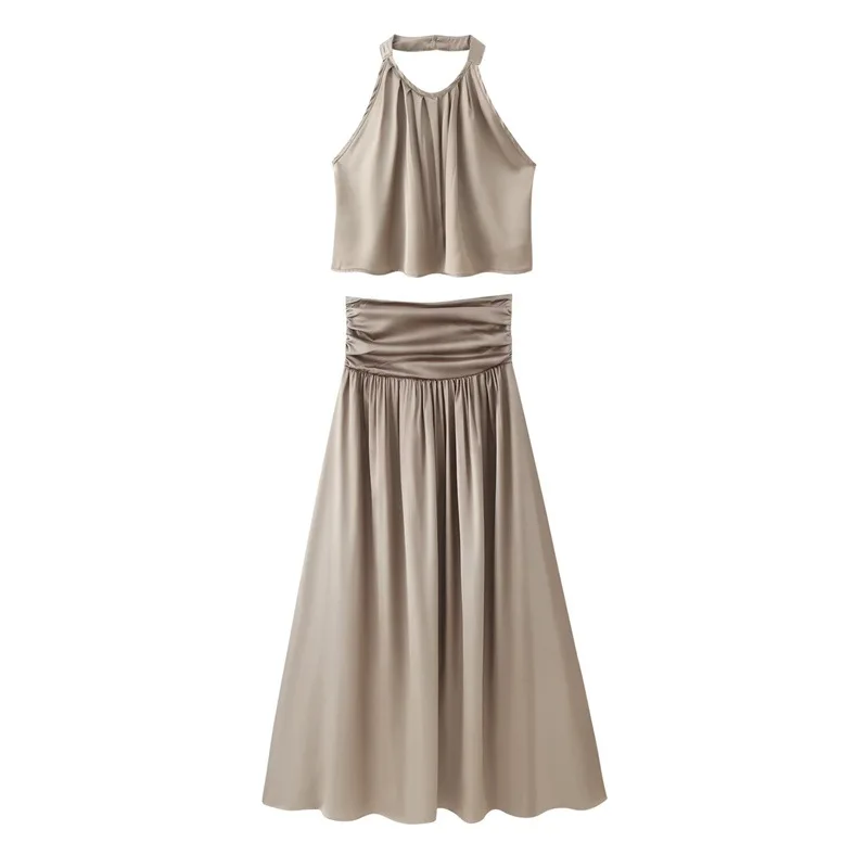 Summer Satin 2 Piece Set Women Sexy Halter Neck Crop Top and Ruched High Waist Midi Skirt Suit Elegant Solid Matching Sets
Summer Satin 2 Piece Set Women Sexy Halter Neck Crop Top and Ruched High Waist Midi Skirt Suit Elegant Solid Matching Sets