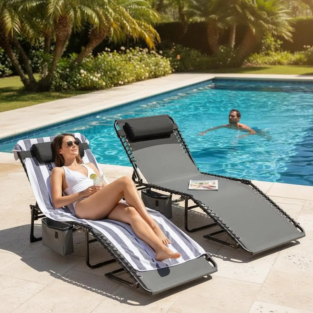 1 Pack Outdoor Chaise Lounge Chair, Folding Tanning Chair with 5-Position Adjustable Backrest, Portable Sun Lounger with Carry Handle, Side Pocket and Removable Pillow for Beach, Pool, Patio, Camping, Gray
1 Pack Outdoor Chaise Lounge Chair, Folding Tanning Chair with 5-Position Adjustable Backrest, Portable Sun Lounger with Carry Handle, Side Pocket and Removable Pillow for Beach, Pool, Patio, Camping, Gray