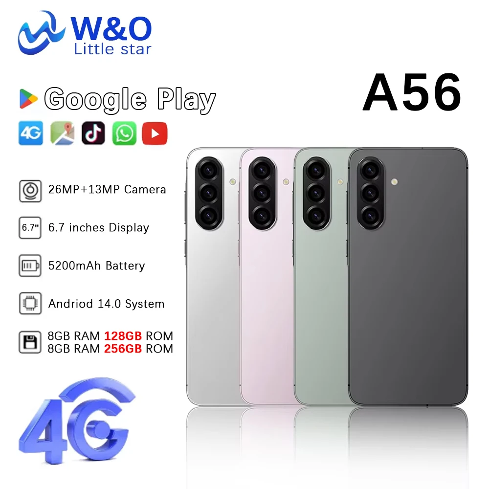 Global Version W&O A56 4G Smartphone Android 14 Dual SIM 6.7 Inch HD+ 8GB+128GB/256GB Mobile phone 5200mAh 26MP Camera Cellphone
Global Version W&O A56 4G Smartphone Android 14 Dual SIM 6.7 Inch HD+ 8GB+128GB/256GB Mobile phone 5200mAh 26MP Camera Cellphone