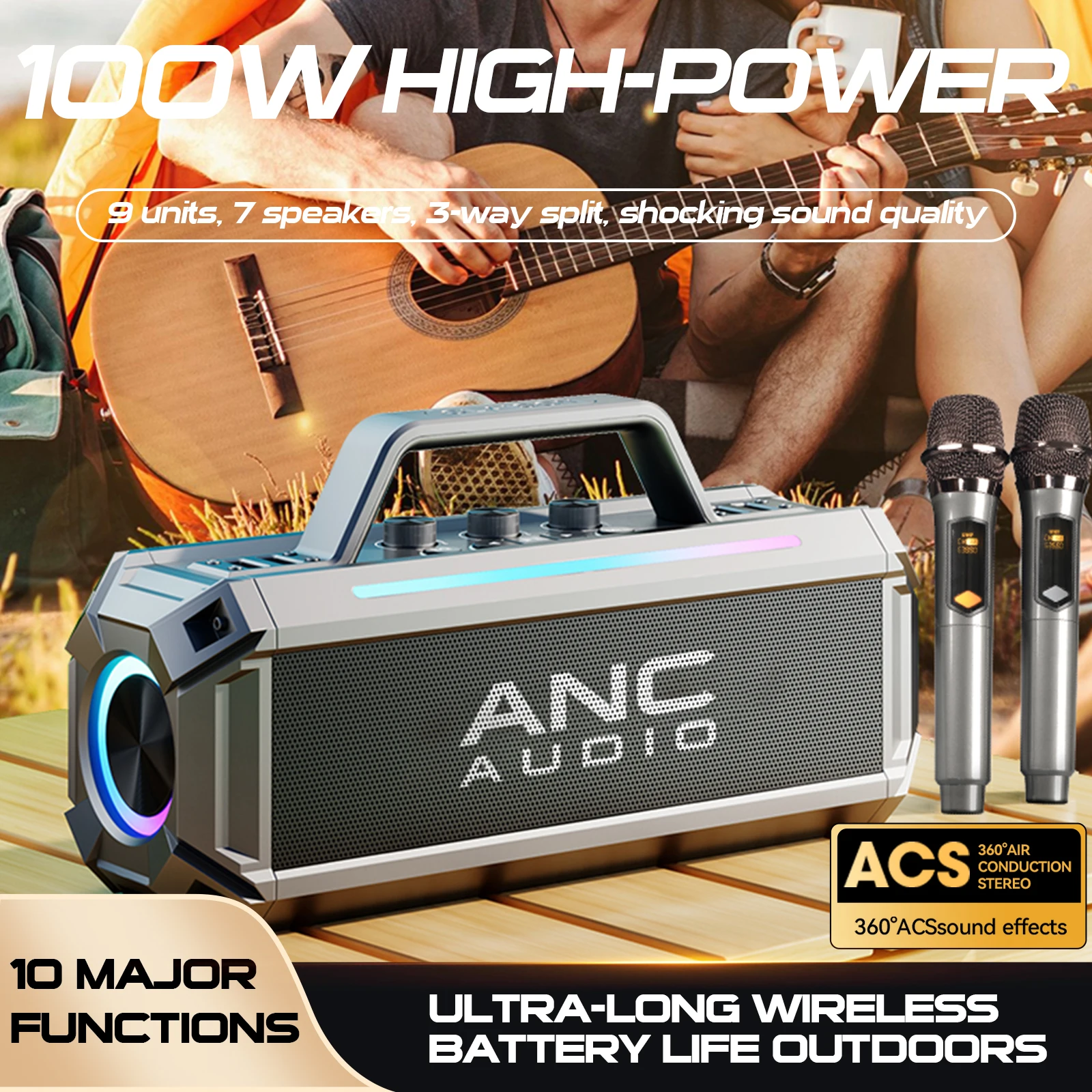 ANC 100W Bluetooth Speaker with 3 Way 7-speaker Built-in/dual wireless mic, Hi-Res Audio, Subwoofer, Instrument Input, 12 hours
ANC 100W Bluetooth Speaker with 3 Way 7-speaker Built-in/dual wireless mic, Hi-Res Audio, Subwoofer, Instrument Input, 12 hours