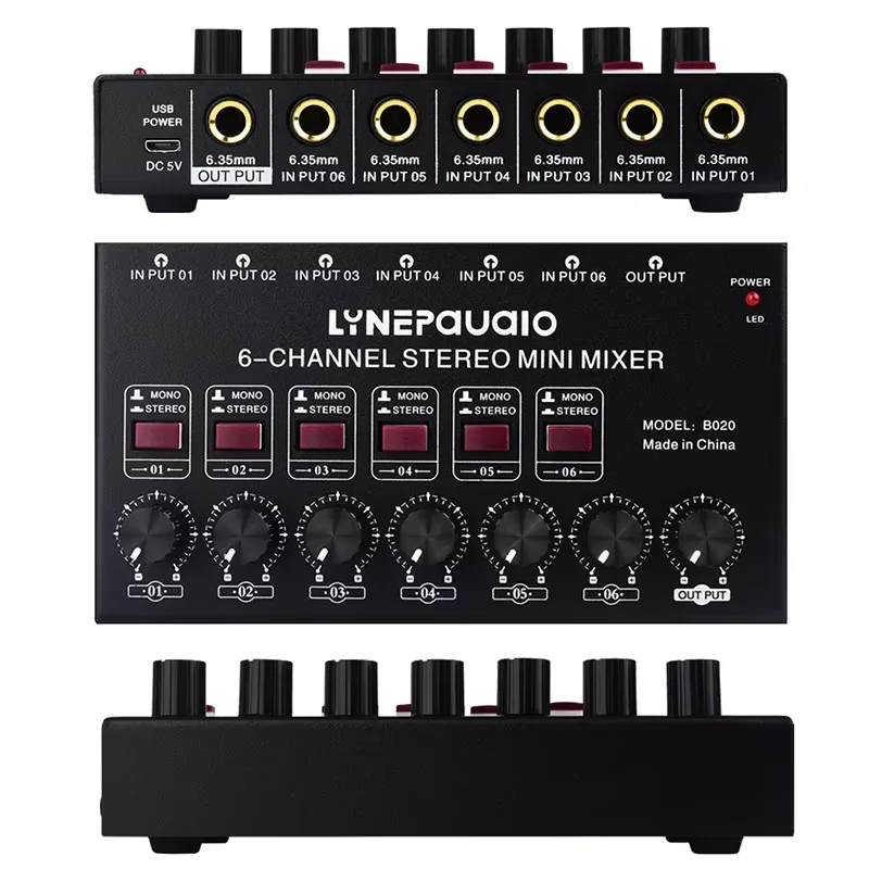 Mini 6-channel stereo audio mixer electric guitar/electronic organ/electronic drum mixer low noise 6.35 interface
Mini 6-channel stereo audio mixer electric guitar/electronic organ/electronic drum mixer low noise 6.35 interface