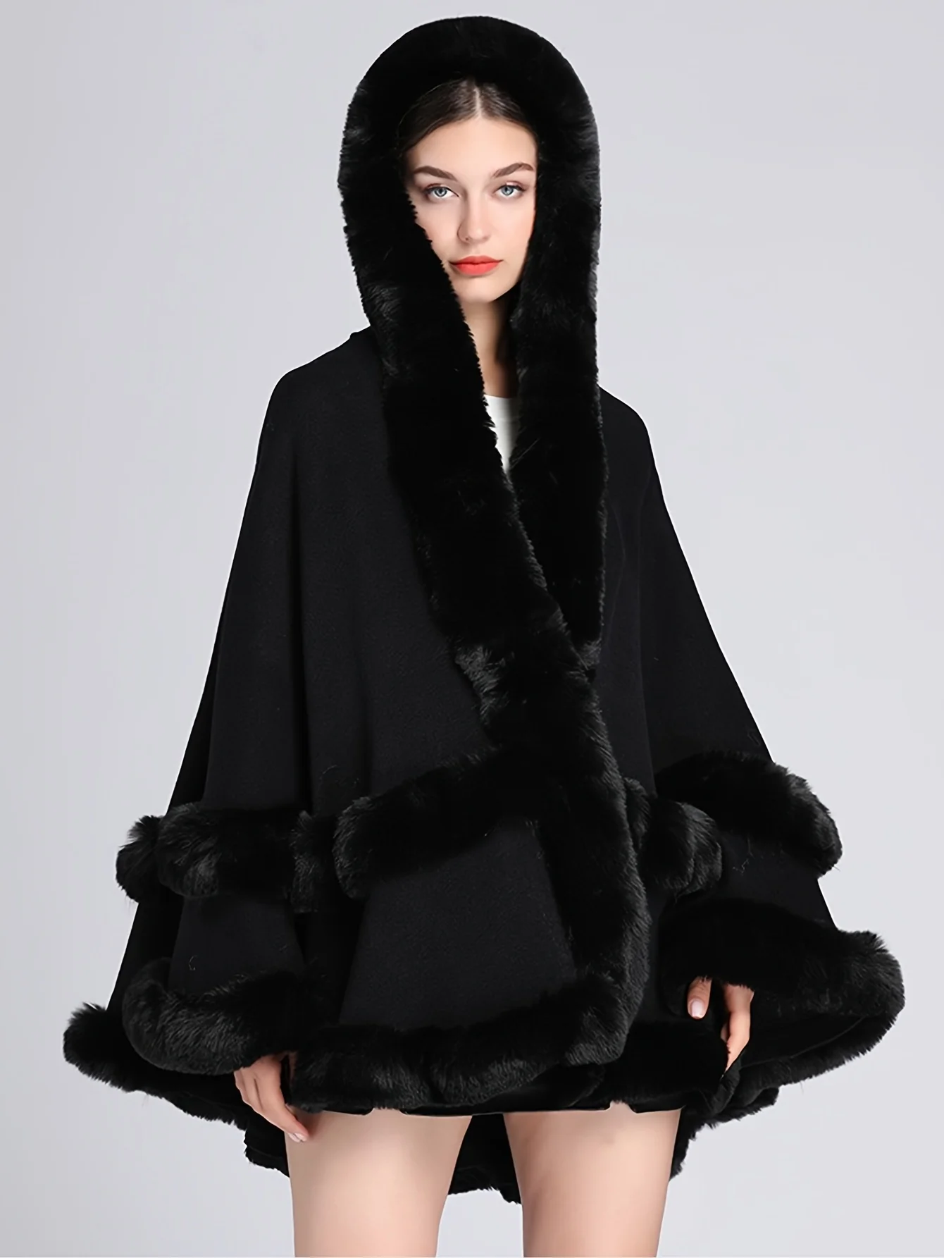 Solid Color Faux Fur Collar Hooded Cape Coat with Double Layered Fur Design at the Hem Plus Size Knitted Jacket Cardigan
Solid Color Faux Fur Collar Hooded Cape Coat with Double Layered Fur Design at the Hem Plus Size Knitted Jacket Cardigan